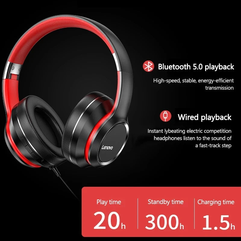 Lenovo HD200 Bluetooth Earphones Wireless Computer Headphones Foldable Over-Ear Noise Canceling HIFI Stereo Gaming Headphones