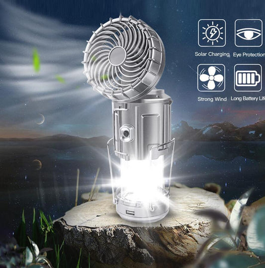 Tragbare Outdoor-LED-Camping-Laterne mit Ventilator, Solarladung, wiederaufladbares Licht, hängende Zeltlampe, Fisch-Taschenlampe