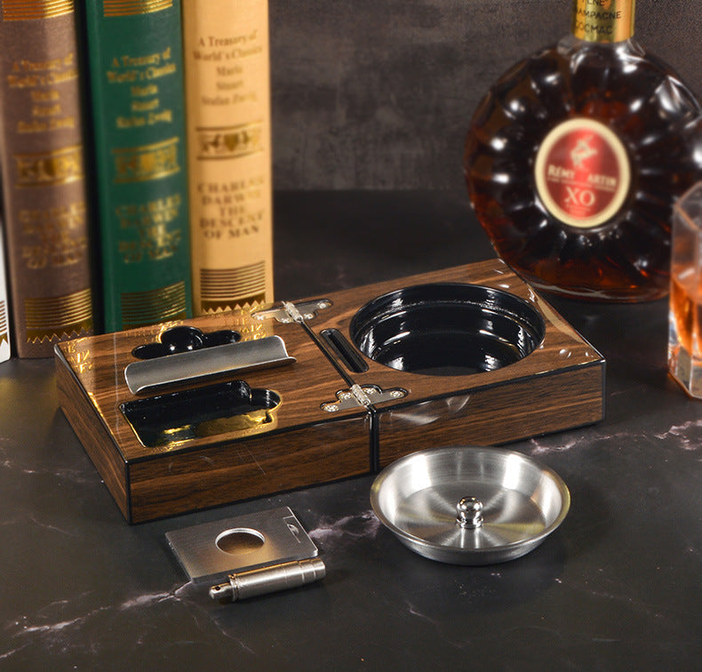 Multifunctional Cigar Ashtray Foldable Walnut Wood Box Includes Cigar Cutter Holder And Hole Opener Smoking Accessories