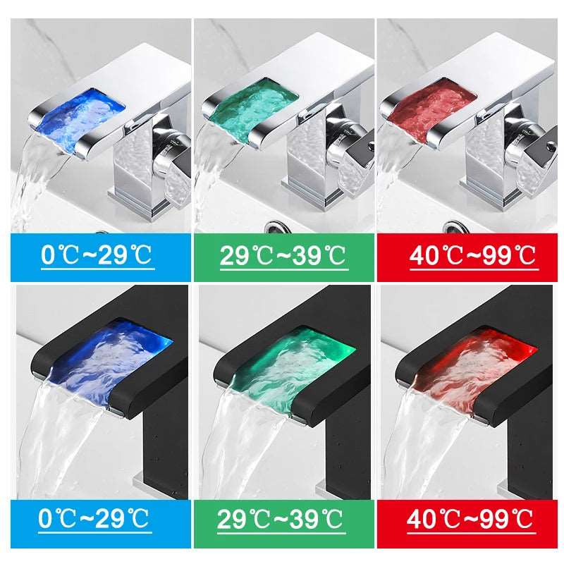 Bagno idroelettrico LED rubinetto a cascata lavabo miscelatore lavabo montato sul ponte rubinetto lavabo in ottone massiccio rubinetto lavabo luminoso