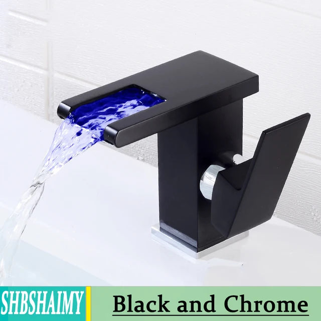 Hydroelectric Bathroom LED Waterfall Faucet Basin Deck Mounted Basin Faucet Solid Brass Basin Faucet Luminous Basin Faucet