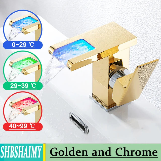 Hydroelectric Bathroom LED Waterfall Faucet Basin Deck Mounted Basin Faucet Solid Brass Basin Faucet Luminous Basin Faucet