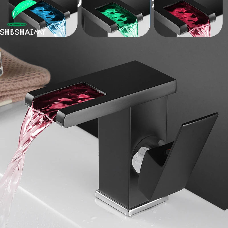 Bagno idroelettrico LED rubinetto a cascata lavabo miscelatore lavabo montato sul ponte rubinetto lavabo in ottone massiccio rubinetto lavabo luminoso