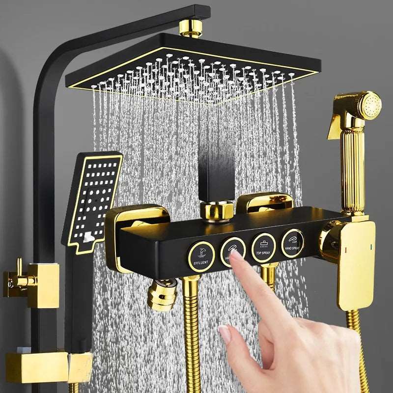 Bagno nero oro pulsante doccia Set ugello Booster sistema doccia calda e fredda accessori bagno casa Hotel in ottone