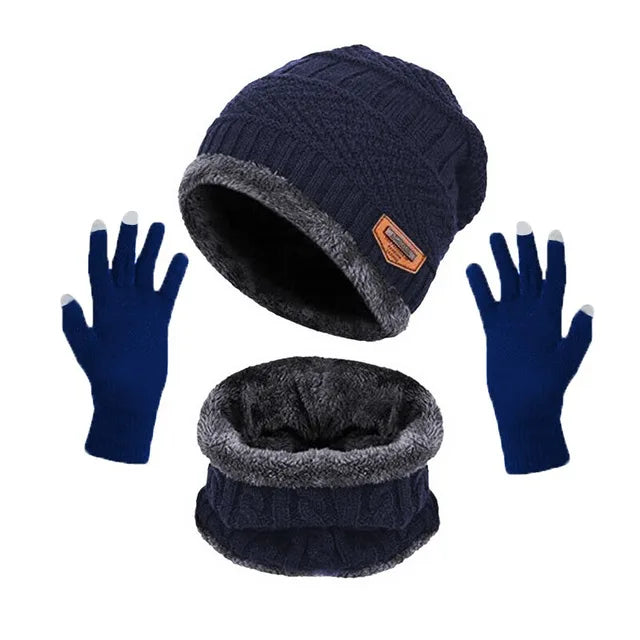 3 IN 1 Winter Knitted Hat with Scarves and Touch Screen Gloves for Men Women Windproof Warm Fleece Cap Cycling Gear 