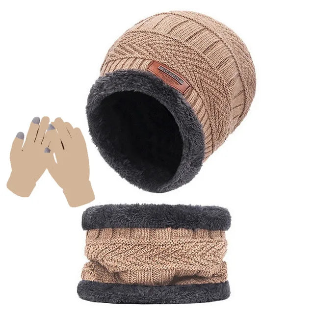 3 IN 1 Winter Knitted Hat with Scarves and Touch Screen Gloves for Men Women Windproof Warm Fleece Cap Cycling Gear 