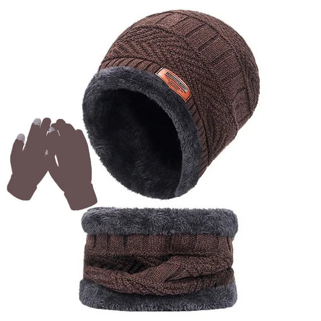 3 IN 1 Winter Knitted Hat with Scarves and Touch Screen Gloves for Men Women Windproof Warm Fleece Cap Cycling Gear 