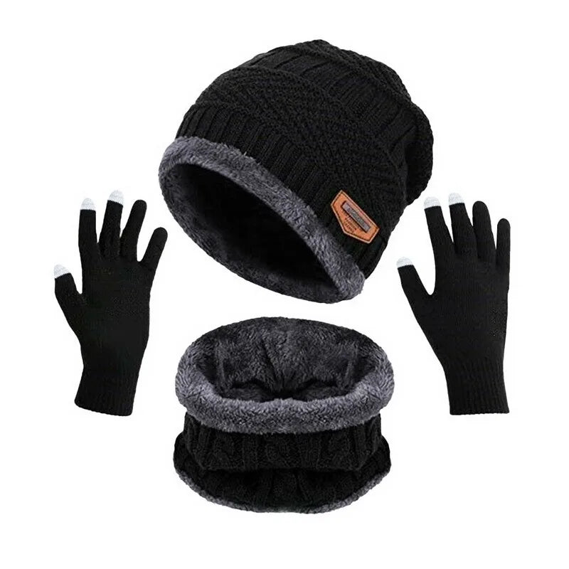 3 IN 1 Winter Knitted Hat with Scarves and Touch Screen Gloves for Men Women Windproof Warm Fleece Cap Cycling Gear 