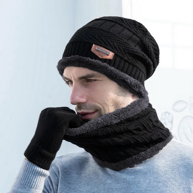 3 IN 1 Winter Knitted Hat with Scarves and Touch Screen Gloves for Men Women Windproof Warm Fleece Cap Cycling Gear 