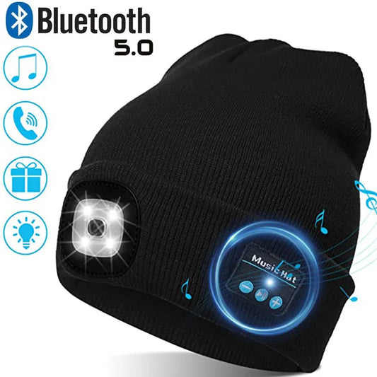 Unisex Music Beanie with Light and Wireless Bluetooth Headphones Unique Technology Gifts for Women Men Dad Dad USB Rechargeable Headphones