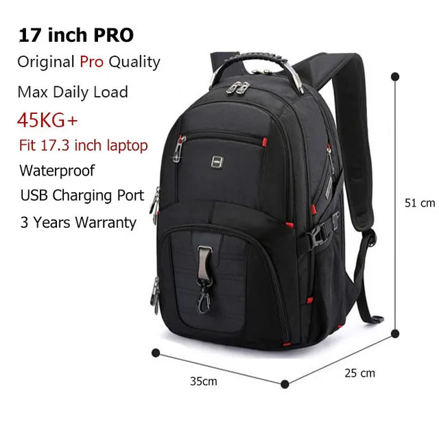 Swiss Bags-Multifunctional 17 Inch Durable Laptop Backpack, 45L Travel Bag, College Bookbag, USB Charging Port, Water Resistant