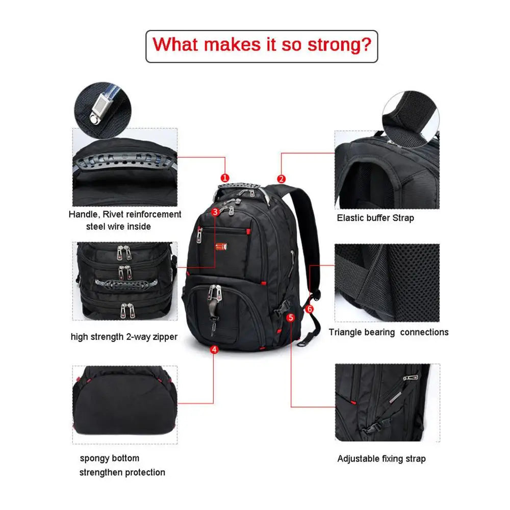 Swiss Bags-Multifunctional 17 Inch Durable Laptop Backpack, 45L Travel Bag, College Bookbag, USB Charging Port, Water Resistant