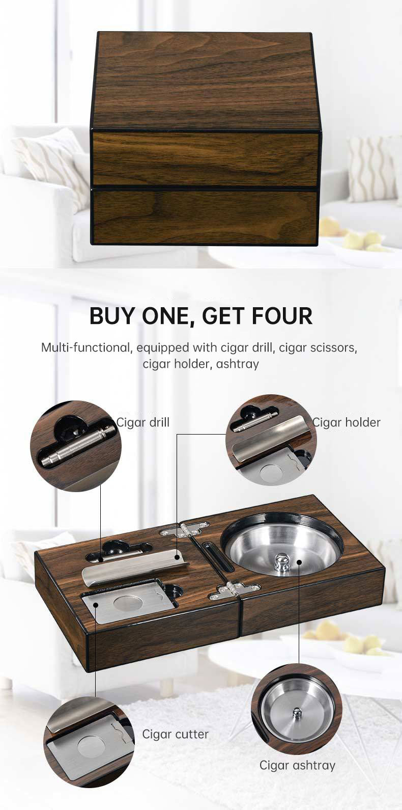 Multifunctional Cigar Ashtray Foldable Walnut Wood Box Includes Cigar Cutter Holder And Hole Opener Smoking Accessories