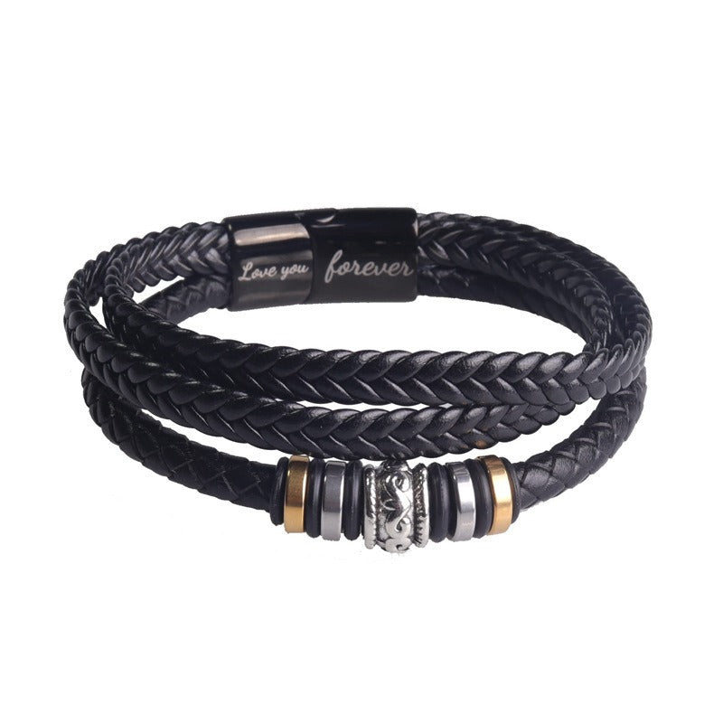 Herren-Lederarmband, Edelstahl, Magnetverschluss, „I Love You“-Gravur, mehrschichtiges schwarzes Lederband-Armband