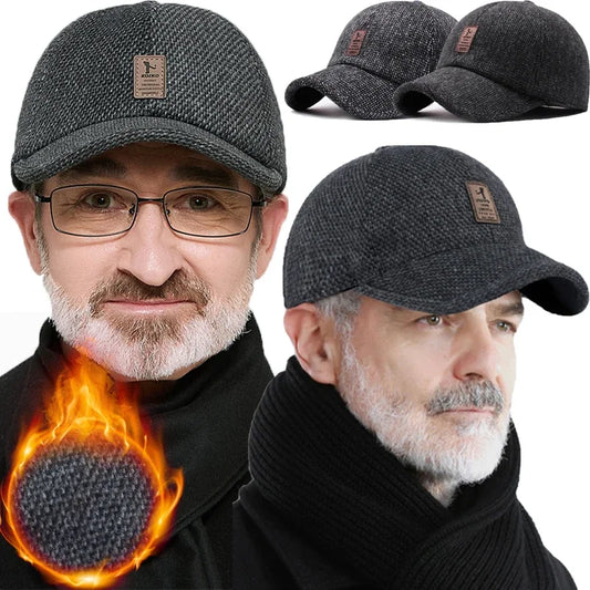 Cappelli lavorati a maglia di lana con protezione per le orecchie da uomo berretti da Baseball per papà caldi invernali addensare paraorecchie copertura cappello Snapback in cotone addensato