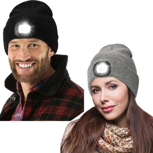 Cappello a cuffia con luce, berretto a cuffia illuminato a LED ricaricabile USB, cappello a berretto lavorato a maglia invernale Unisex per camminare di notte, pesca, camma