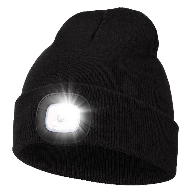 Cappello a cuffia con luce, berretto a cuffia illuminato a LED ricaricabile USB, cappello a berretto lavorato a maglia invernale Unisex per camminare di notte, pesca, camma