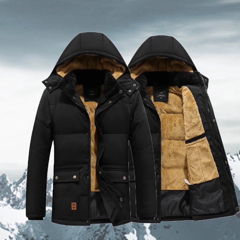 Men's Winter Coat Windproof Warm Plush Jacket Click Hooded Outdoor Jacket Fashion Classic Parka Male Clothing Cold-proof Outerwear