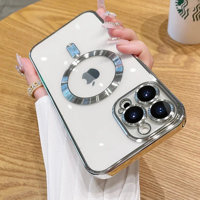 Fashion Magnetic Magsafe Case for iPhone 14 13 12 11 15 Pro Max 14 Plus Plating Transparent Soft Silicone Wireless Charging Cover