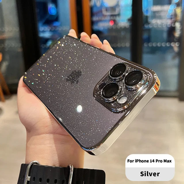 Luxuriöse galvanisierte Glitzer-Handyhülle für IPhone 11 15 12 13 14 Pro Max, stoßfeste, klare, transparente Schutzhülle