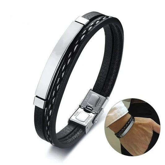 Delysia King 2021 Trendy Men Leatherwear Weave Bracelet Leisure Color Contrast Stainless Steel Bracelet