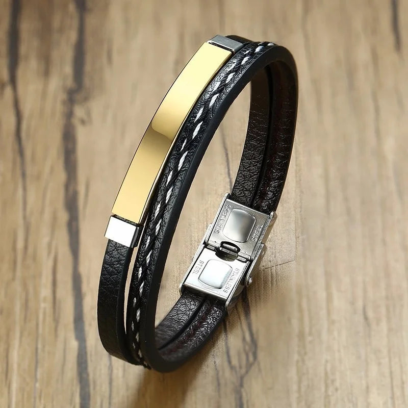 Delysia King 2021 Trendy Men Leatherwear Weave Bracelet Leisure Color Contrast Stainless Steel Bracelet