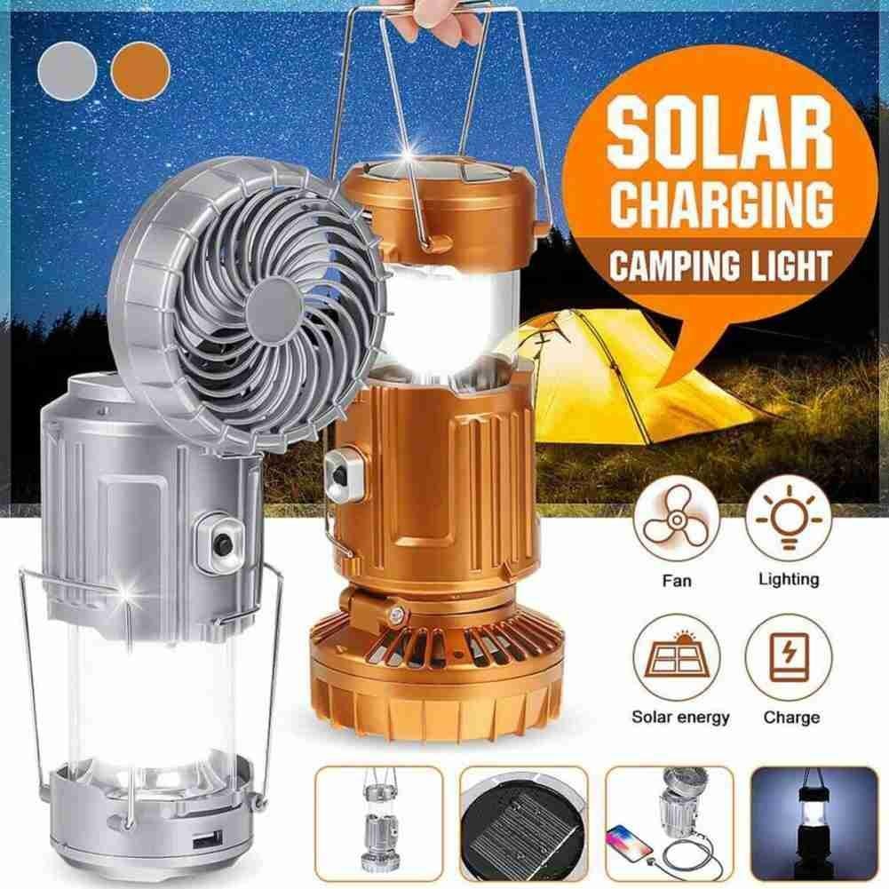 Tragbare Outdoor-LED-Camping-Laterne mit Ventilator, Solarladung, wiederaufladbares Licht, hängende Zeltlampe, Fisch-Taschenlampe