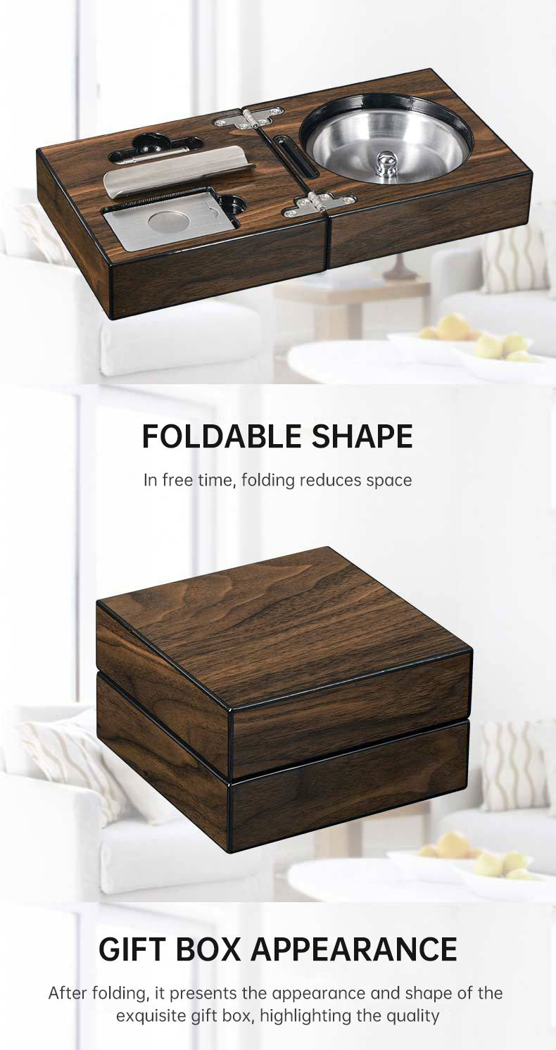 Multifunctional Cigar Ashtray Foldable Walnut Wood Box Include Cigar Cutter Holder And Hole Opener Smoking Accessories