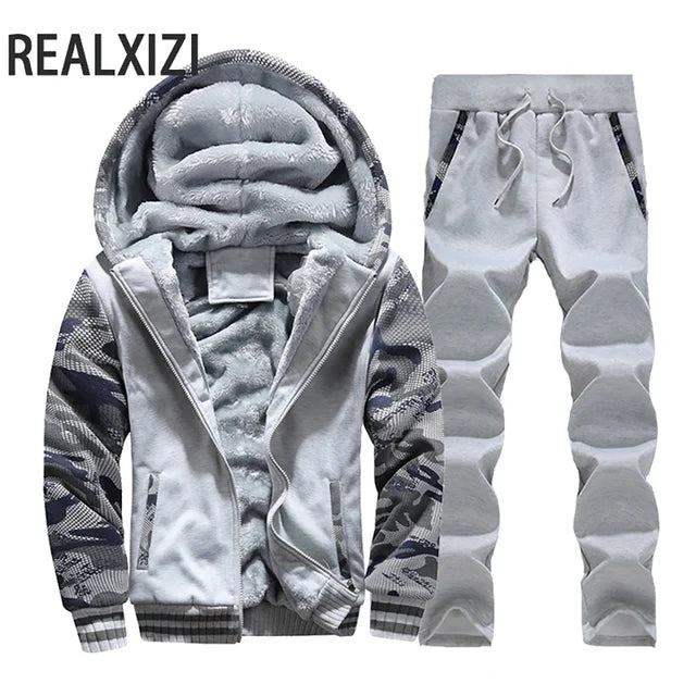 Winter Sports Jacket Pants Tracksuits Men's Coats Pants Set Thicken Fleece Thermal Sweatshirts Camouflage Sweatshirt Set