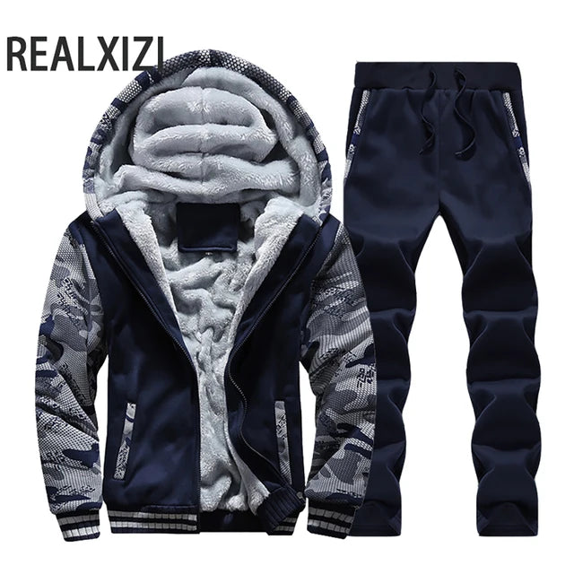 Winter Sports Jacket Pants Tracksuits Men's Coats Pants Set Thicken Fleece Thermal Sweatshirts Camouflage Sweatshirt Set