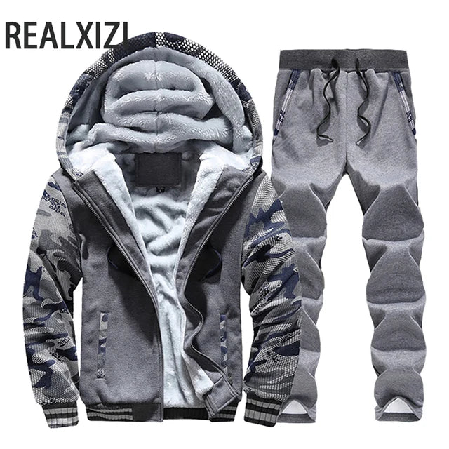 Winter Sports Jacket Pants Tracksuits Men's Coats Pants Set Thicken Fleece Thermal Sweatshirts Camouflage Sweatshirt Set