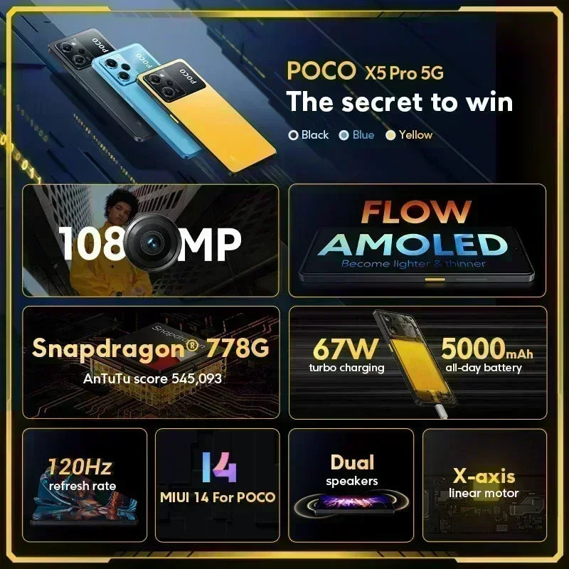 Global Version POCO X5 Pro 5G 128GB/256GB Snapdragon 778G Octa Core 6.67" AMOLED DotDisplay 108MP Camera 67W Charging