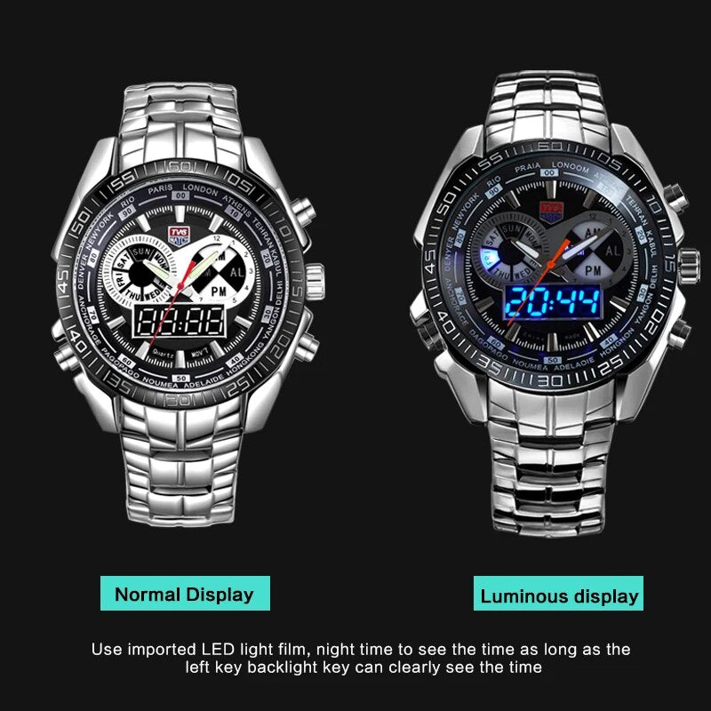 Männer Uhren Wasserdichte Quarzuhr Doppel Display Sport TVG Marke Digital LED Military Writewatch Edelstahl Männliche Uhr