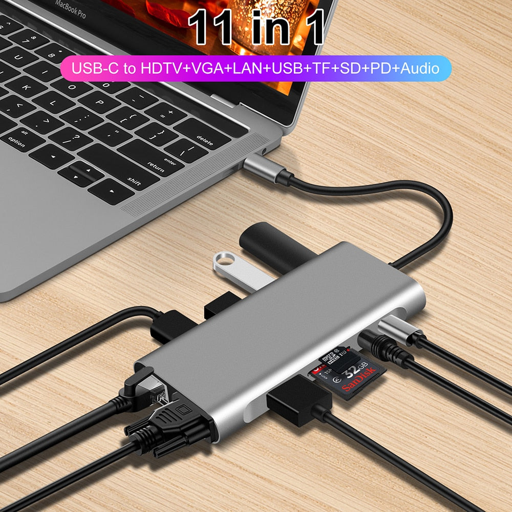 USB Type C Hub Type-C HDMI-Compatible 4K VGA RJ45 Lan Ethernet SD TF USB-C 3.0 Typec 3.5mm Jack Audio Video for MacBook Pro OTG