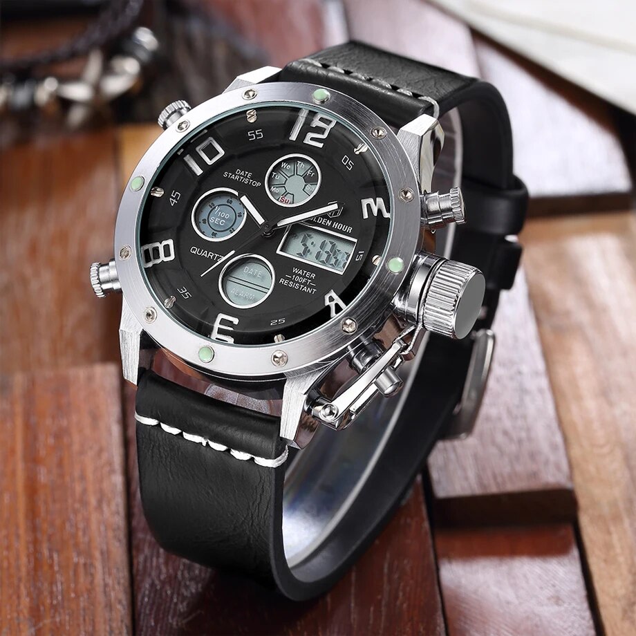 Luxus Marke Wasserdichte Leder Quarz Analog Uhr Männer Digitale LED Armee Militär Sport Armbanduhr Uhr Relogio Masculino