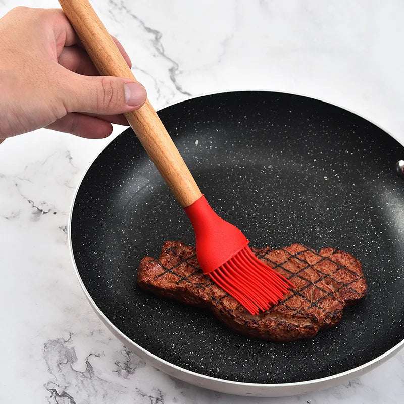 1PC Silicone BBQ Oil Basting Brush with Wood Handle Cake Bread Cream Cooking Brushes Baking Barbecue Kitchen Accessories