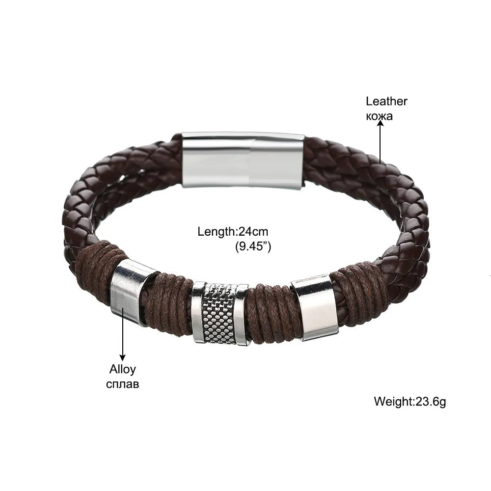 Multilayer Braided Leather Bracelet Men Stainless Steel Magnetic Clasp Trendy Men Bracelet Woven Bangle Armband pulsera hombre