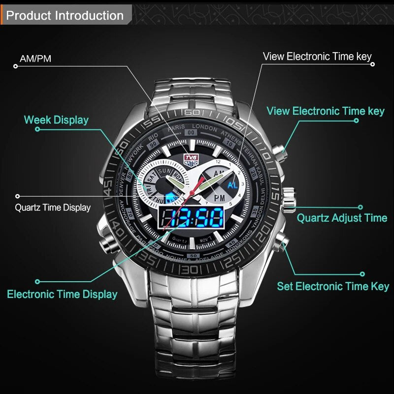 Men Watches Waterproof Quartz Watch Double Display Sport TVG Brand Digital LED Military Writewatch Stainless Steel Male Clock