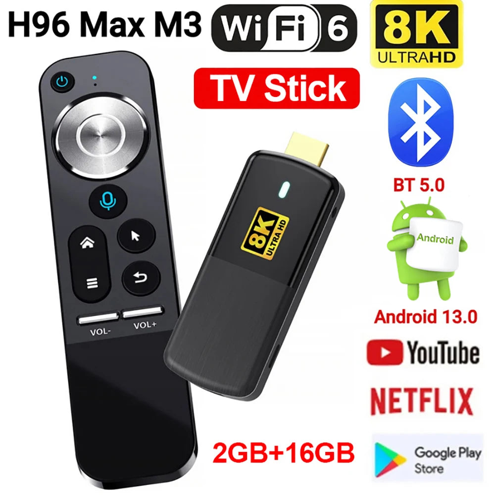 H96 Max M3 Smart TV Stick 8K Android 13 WIFI6 Voice Control Android HDMI-compatible TV Box 2GB 16GB OTA Bluetooth Media Player