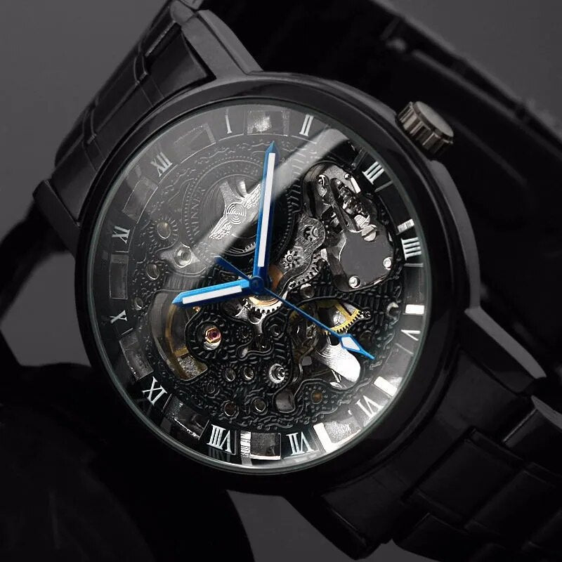 Winner Transparent Steampunk Montre Homme Black Retro Casual Mens Watches Top Brand Luxury Full Steel Skeleton Mechanical Watch