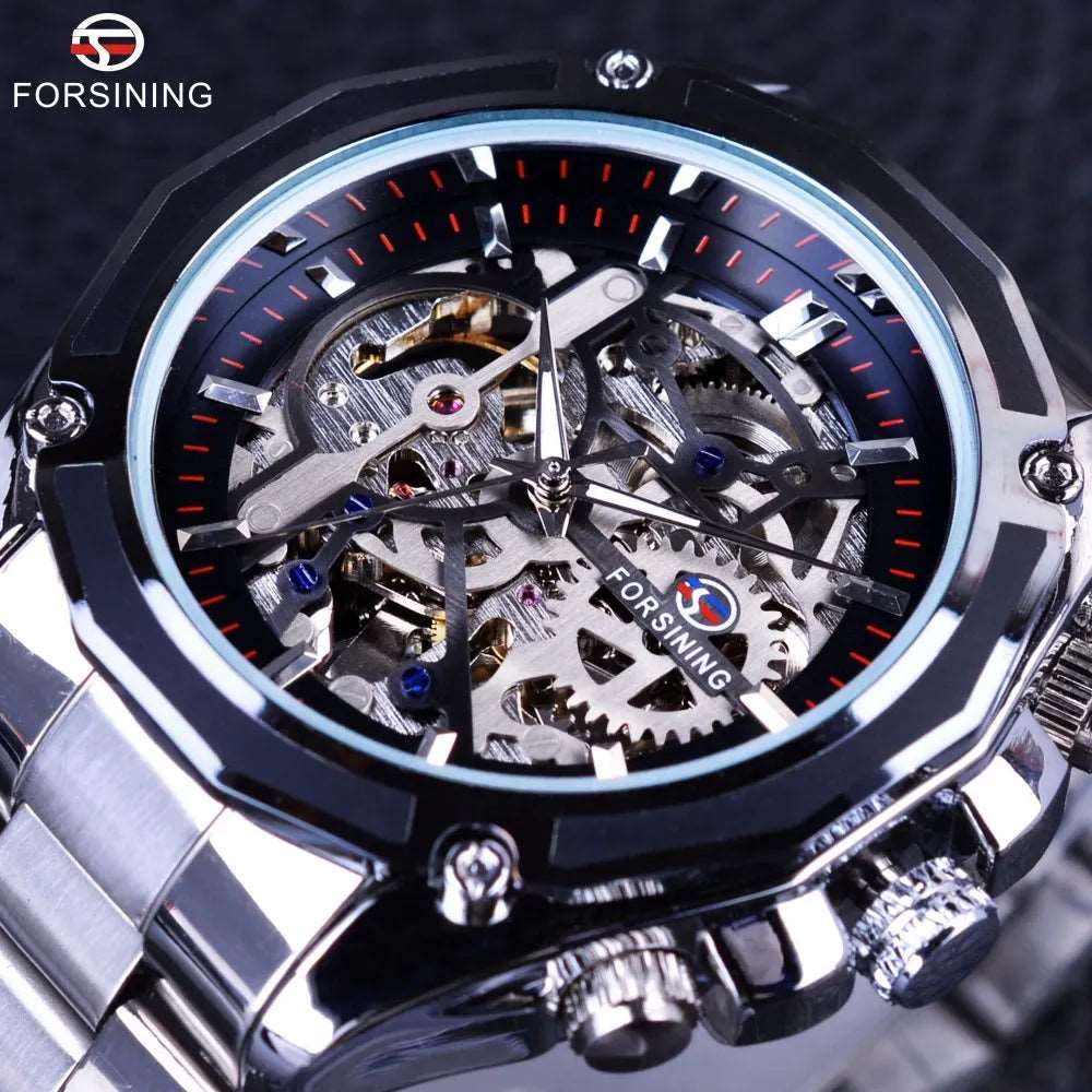 Forsining Mechanical Steampunk Design Fashion Business Dress Men Watch Top Brand Luxury Stainless Steel Automatic Skeleton Watch