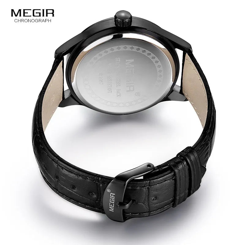 Megir Mens Fashion Black Leather Quartz Wristwatches Hot Water Resistant Battery Quartz Watch for Man Male1067