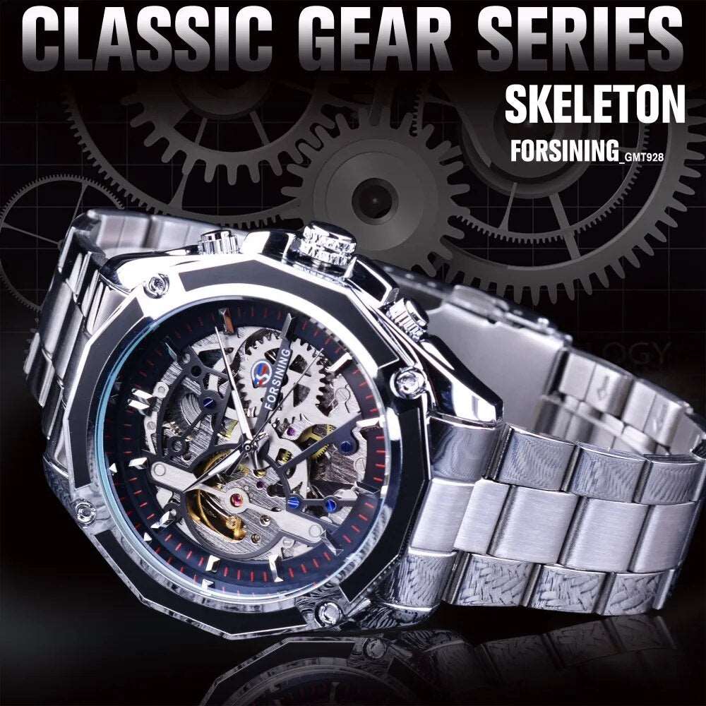 Forsining Mechanical Steampunk Design Fashion Business Dress Men Watch Top Brand Luxury Stainless Steel Automatic Skeleton Watch