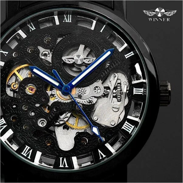 Winner Transparent Steampunk Montre Homme Black Retro Casual Mens Watches Top Brand Luxury Full Steel Skeleton Mechanical Watch