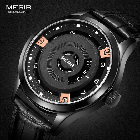 Megir Mens Fashion Black Leather Quartz Wristwatches Hot Water Resistant Battery Quartz Watch for Man Male1067