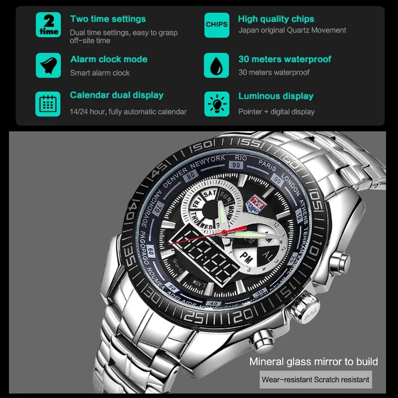 Men Watches Waterproof Quartz Watch Double Display Sport TVG Brand Digital LED Military Writewatch Stainless Steel Male Clock