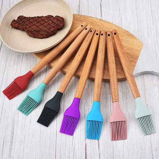 1PC Silicone BBQ Oil Basting Brush with Wood Handle Cake Bread Cream Cooking Brushes Baking Barbecue Kitchen Accessories