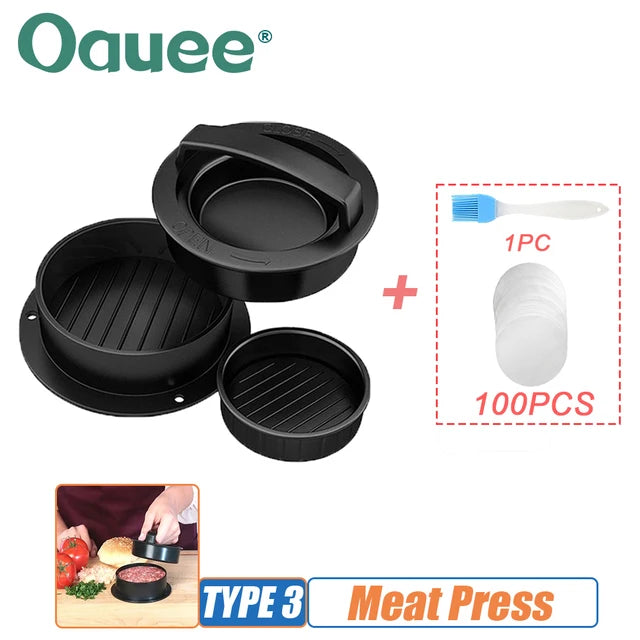 Hamburger Meat Press Maker ABS 3 in 1 Non-Stick Meat Beef Hamburger Patty Mold with Baking Paper Liners Pastry BBQ Kitchen Tool