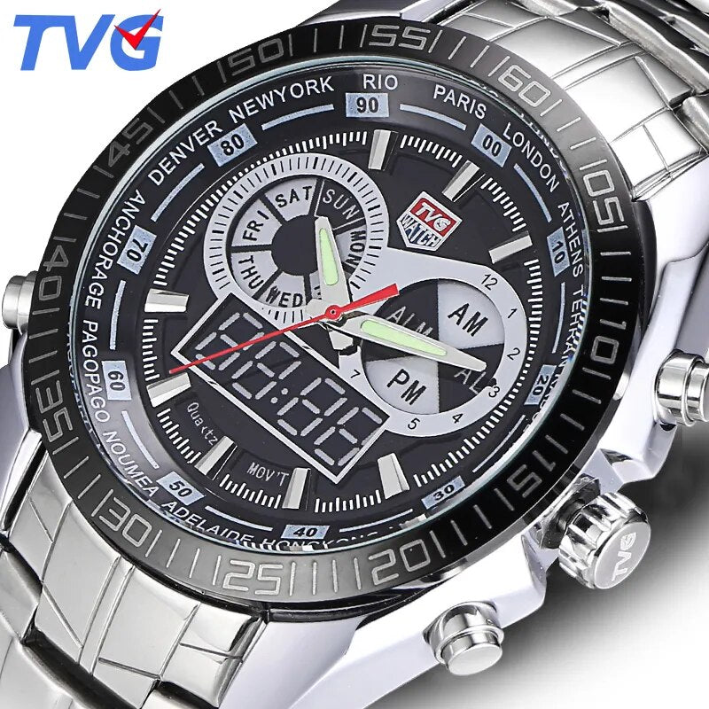 Men Watches Waterproof Quartz Watch Double Display Sport TVG Brand Digital LED Military Writewatch Stainless Steel Male Clock