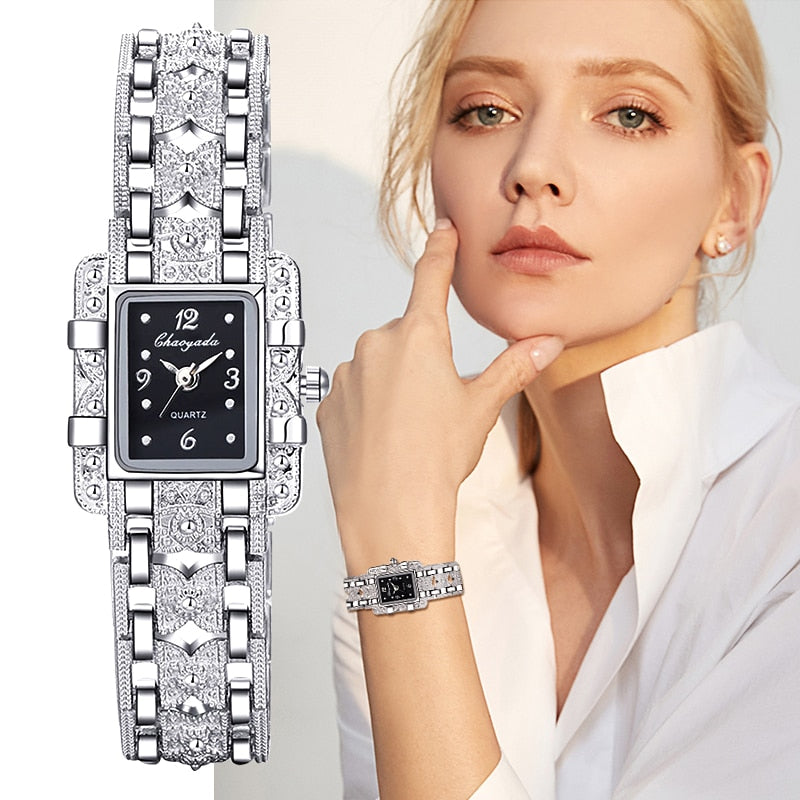 Women Watch Rectangle Dial Silver Stainless Steel Crystal Watches Fashion Quartz For Women ladies major relojes Hot Sale Relojes